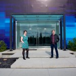 Calgary Wedding photographer | Christine & Peter Engagement session | E-session staggered steps with blue wall