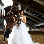 Calgary wedding photographer | Spruce Meadows wedding photos | Bride posing with a horse in a warmup ring